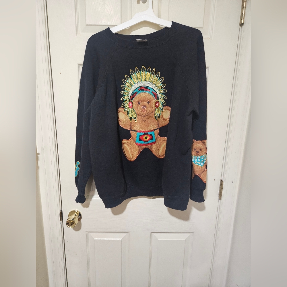 Vintage Hanes Embroidered Bear Design Sweater - Black Size 2X